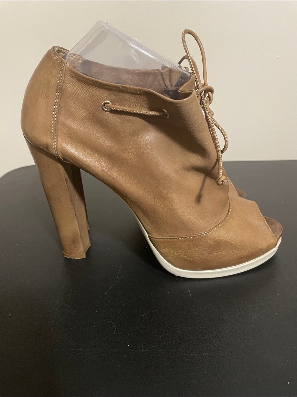 Fendi Tan Leather Lace-Up Peep Toe High Heel Bootie Size 40 *Selling as is